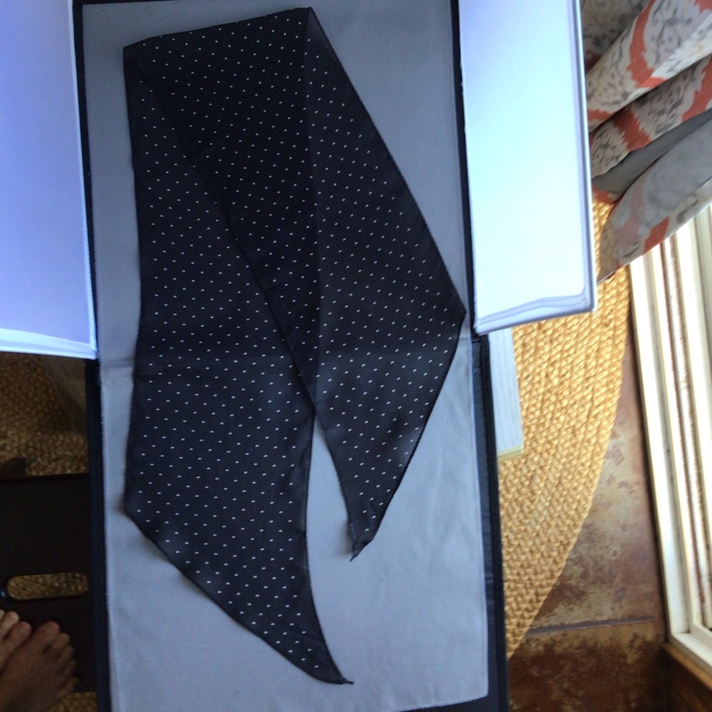 Sheer black scarf with white polka dots, 43" x 7.25" with bias cut ends